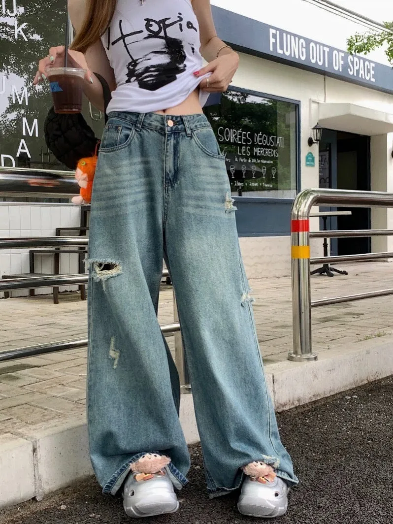 2024 new summer women's hot girl street loose wide-leg washed blue ripped straight floor-length denim trousers