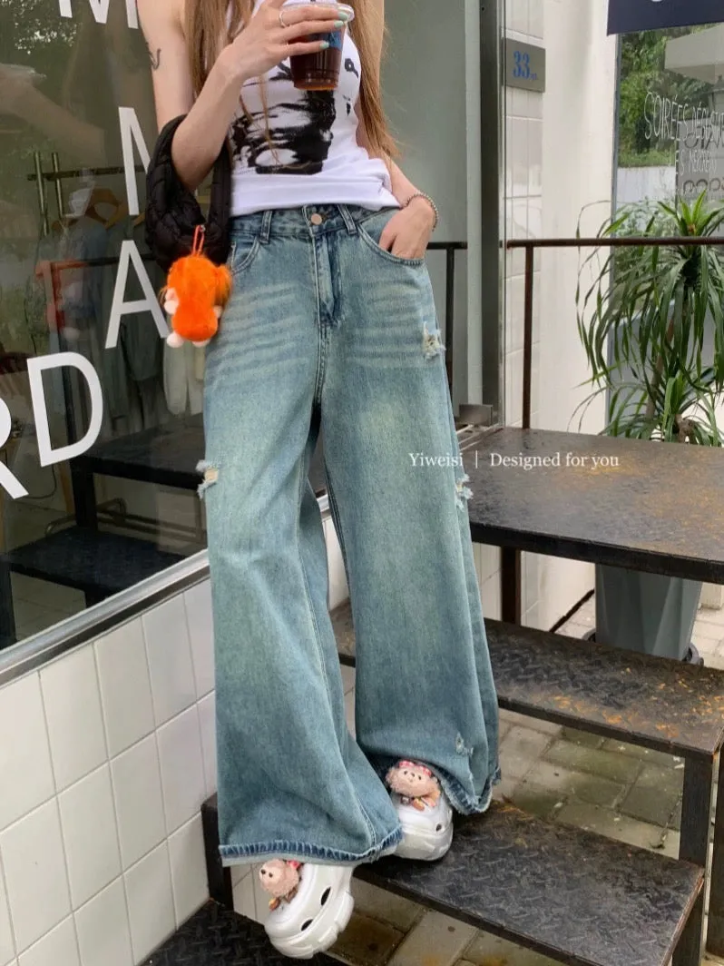 2024 new summer women's hot girl street loose wide-leg washed blue ripped straight floor-length denim trousers