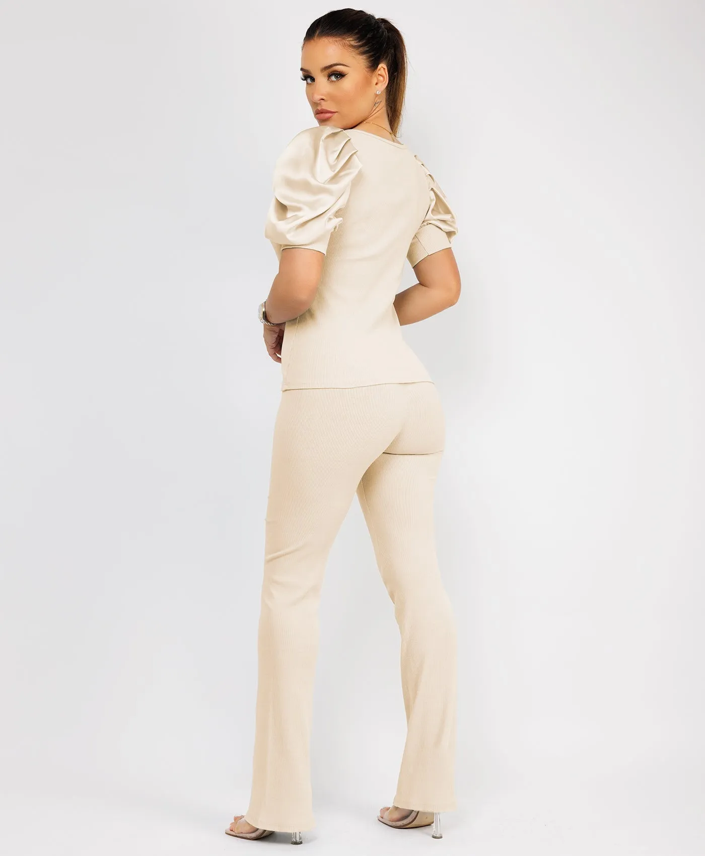 Beige Satin Frill Puff Ribbed Top And Trousers Loungewear Set