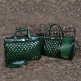 Bespoke 'APK' Metal Initial Handmade Green Leather Diamond Stitched Bag by Brune & Bareskin