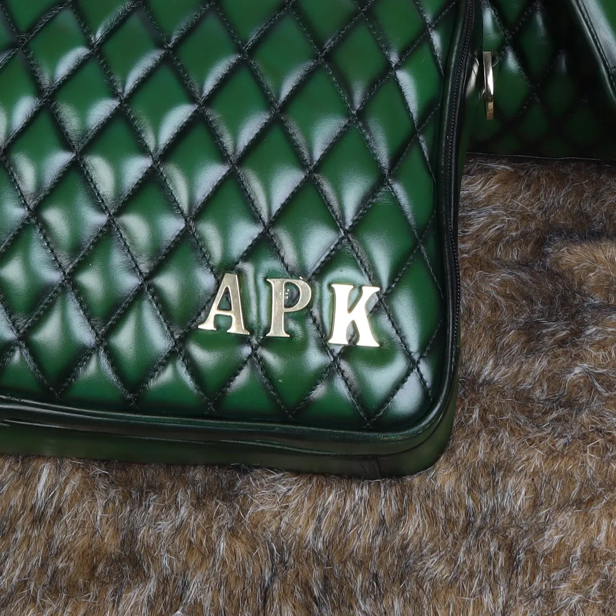 Bespoke 'APK' Metal Initial Handmade Green Leather Diamond Stitched Bag by Brune & Bareskin