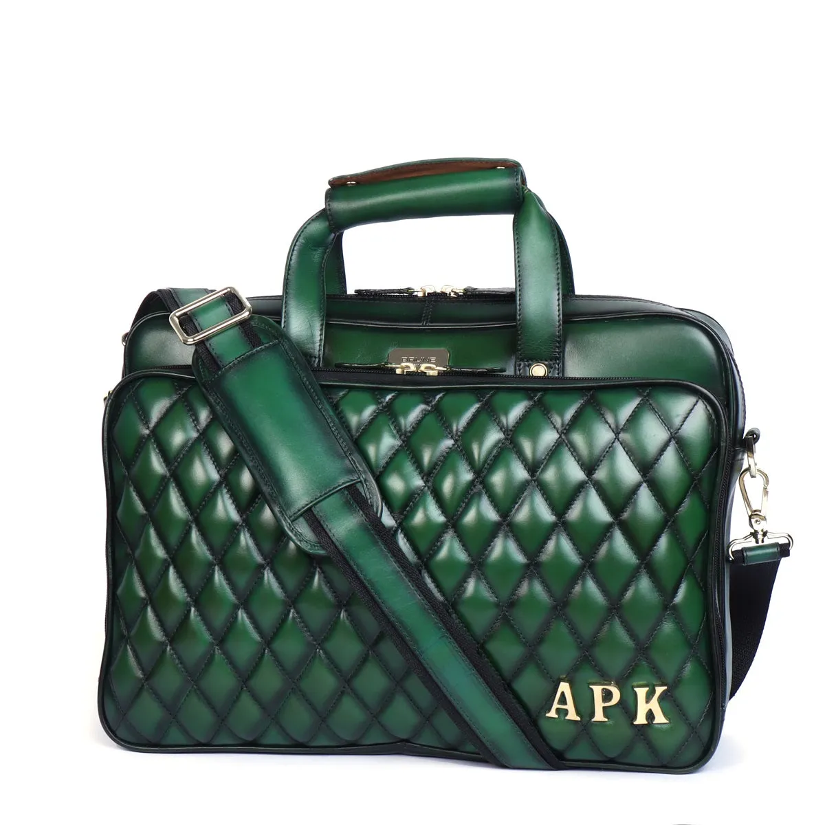 Bespoke 'APK' Metal Initial Handmade Green Leather Diamond Stitched Bag by Brune & Bareskin