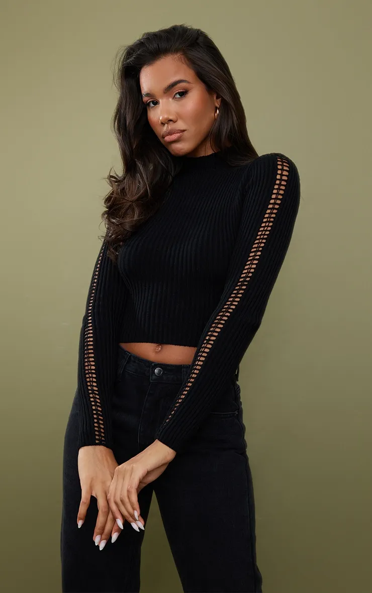 Black Sleeve Laddering Fitted Knit Jumper