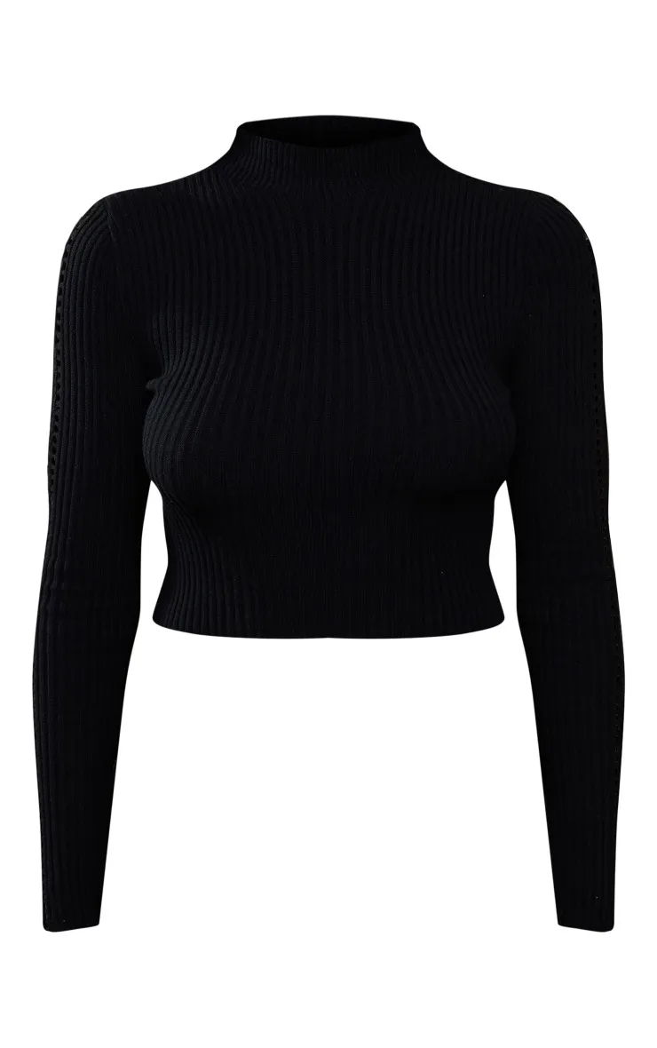 Black Sleeve Laddering Fitted Knit Jumper