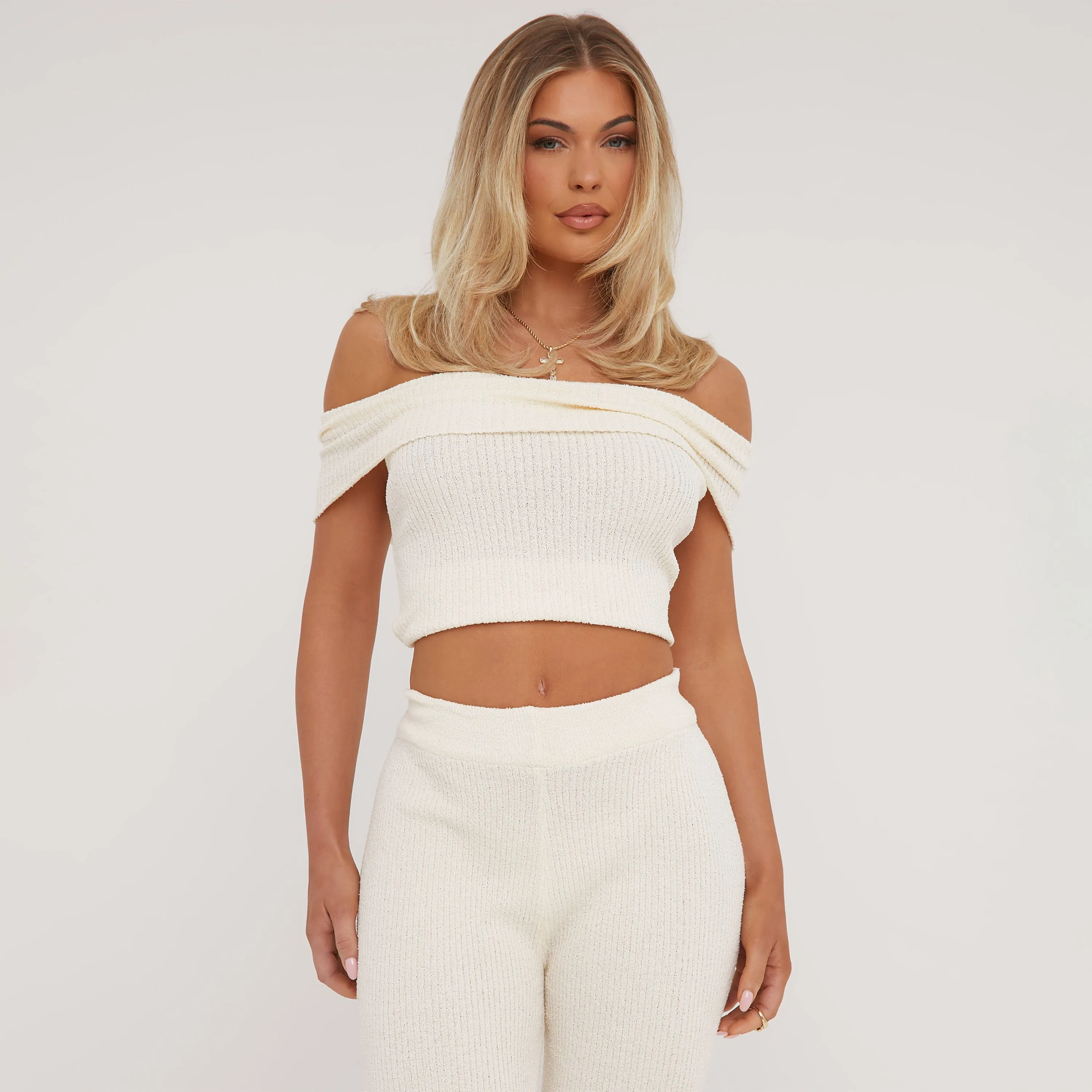 Fold Over Bardot Crop Top And Mid Rise Straight Leg Trousers Co-Ord Set In Cream Knit