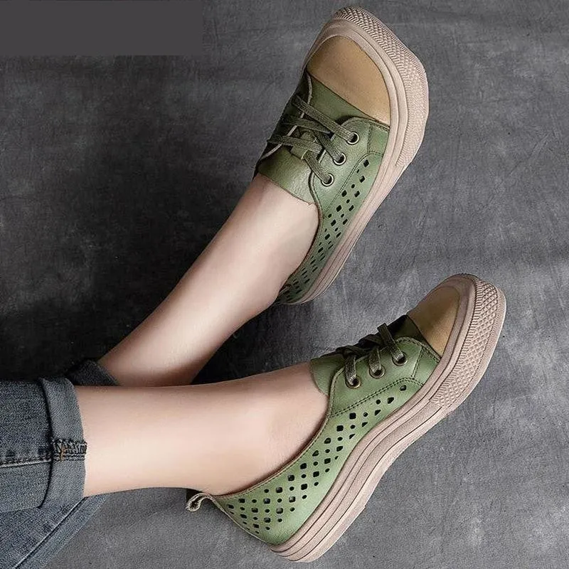 Handmade Women's Genuine Leather Lace-up Hollow Flats Sneakers Shoes