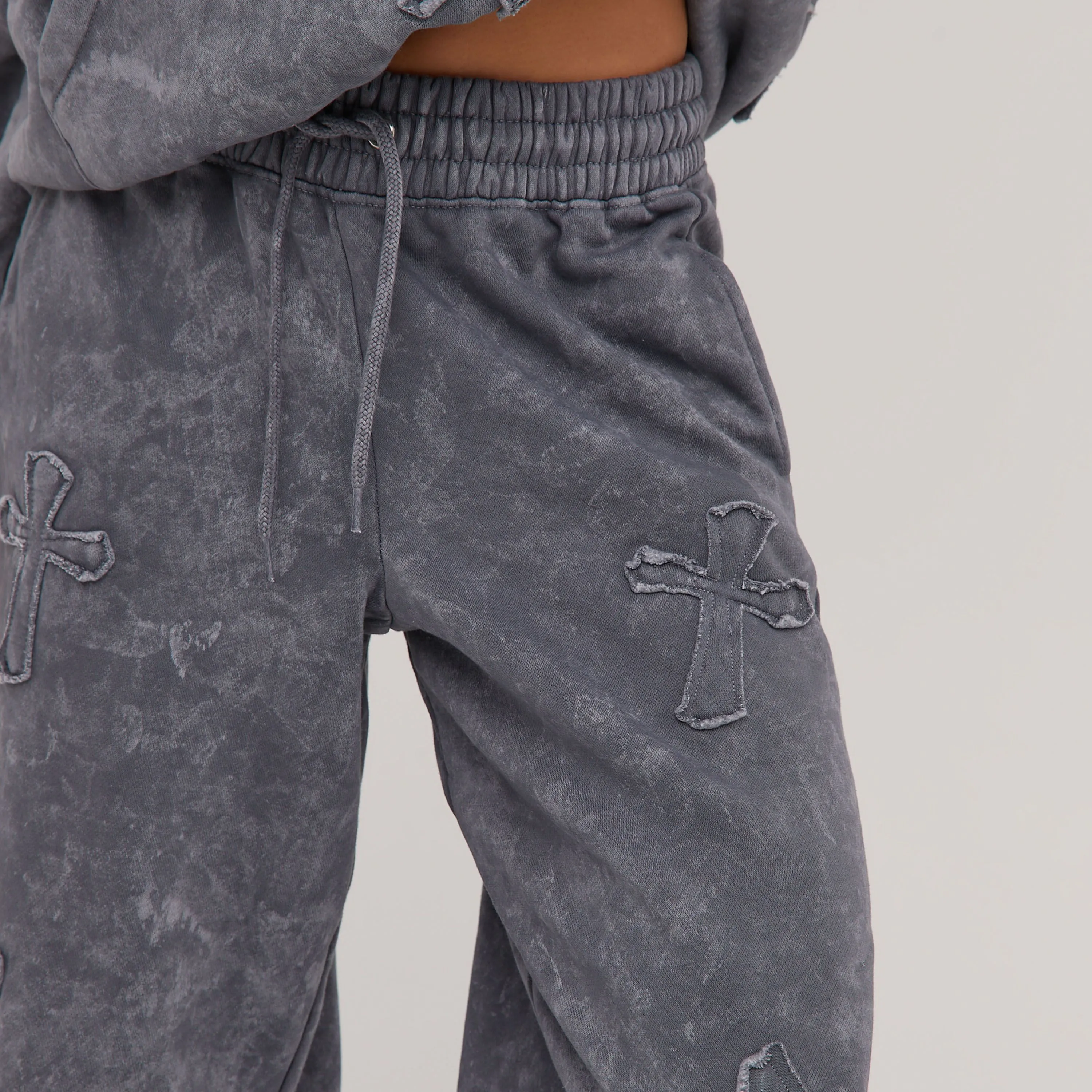 High Waist Cross Patch Detail Oversized Straight Leg Joggers In Acid Wash Grey