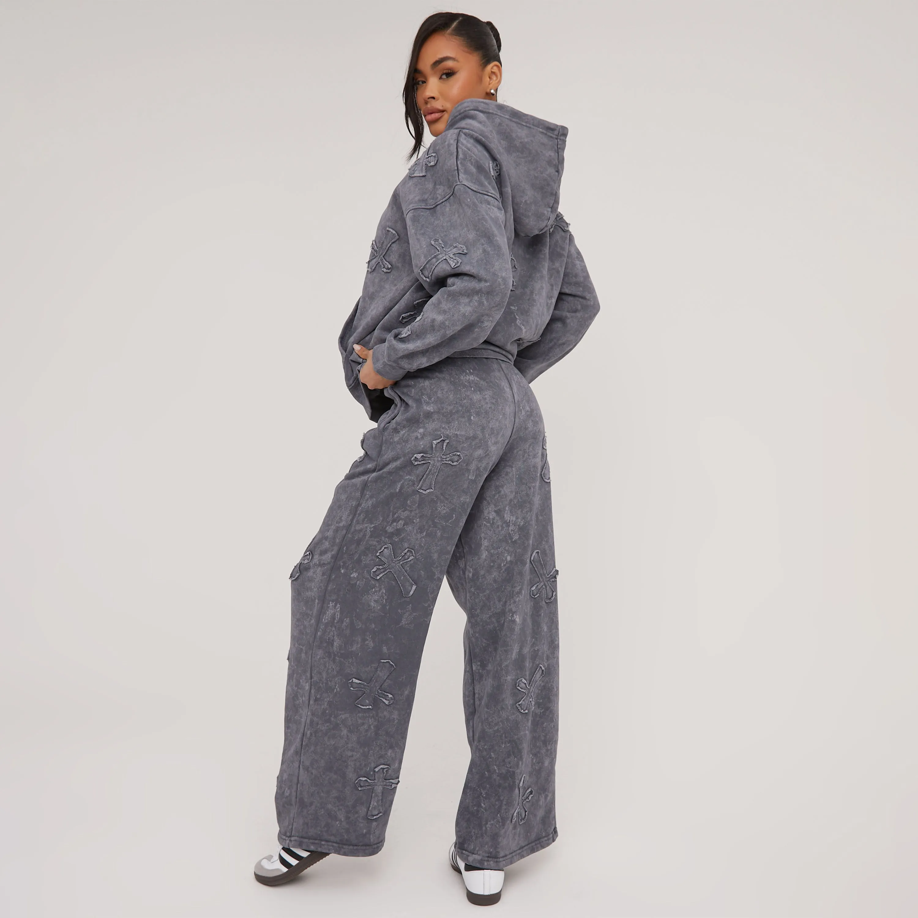 High Waist Cross Patch Detail Oversized Straight Leg Joggers In Acid Wash Grey