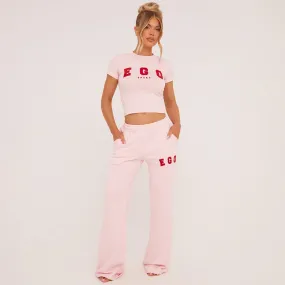 High Waist Ego Slogan Straight Leg Joggers In Baby Pink