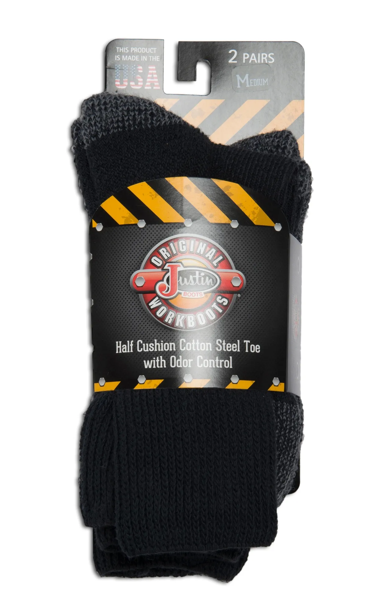 Justin Men's Black Half Cushion Cotton Crew with Odor Control 2Pk Steel Toe Boot Socks - XL