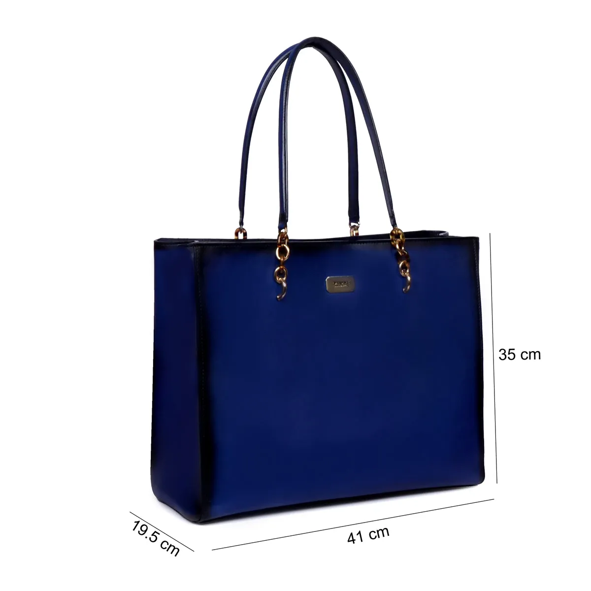 Large Zip Closure Blue Leather Chain Accent Multi-pockets Hand Bag for Ladies