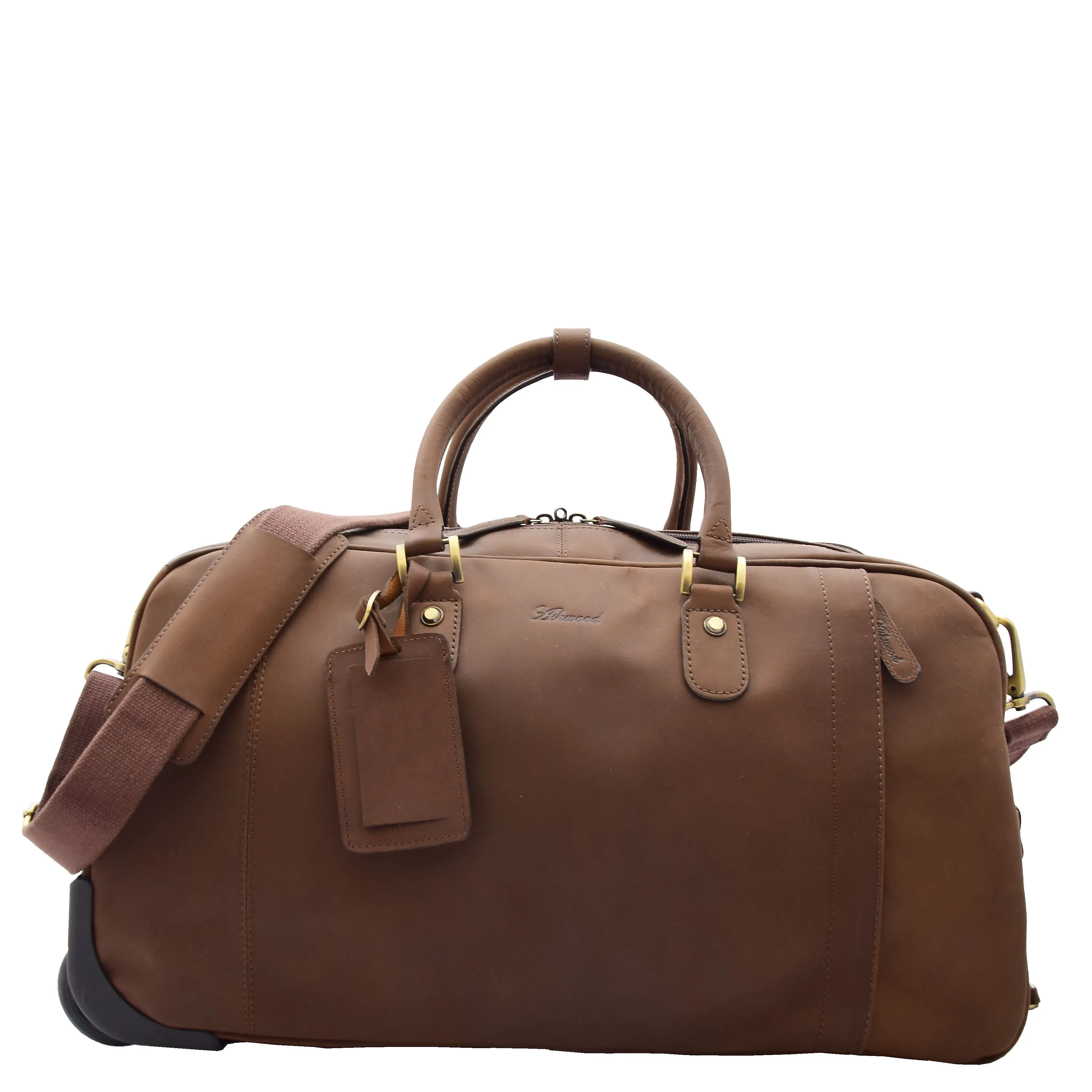 Leather Wheeled Holdall Overnight Bag Foggia Brown