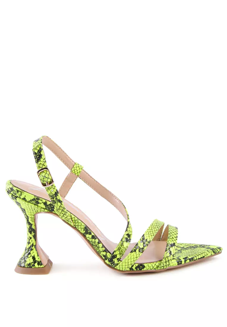 London Rag Neon Yellow Snake Print Spool Heeled Sandals