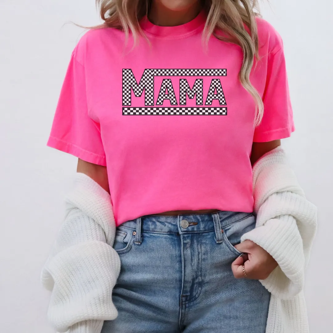 Mama Shirt in Neon Pink, Black and white checkered VANS style