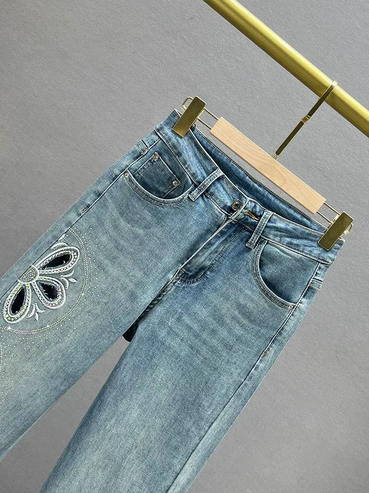 Narrow version of denim straight pants for women, 2024 new summer high-waisted slim-fitting European hot diamond floor-length tr