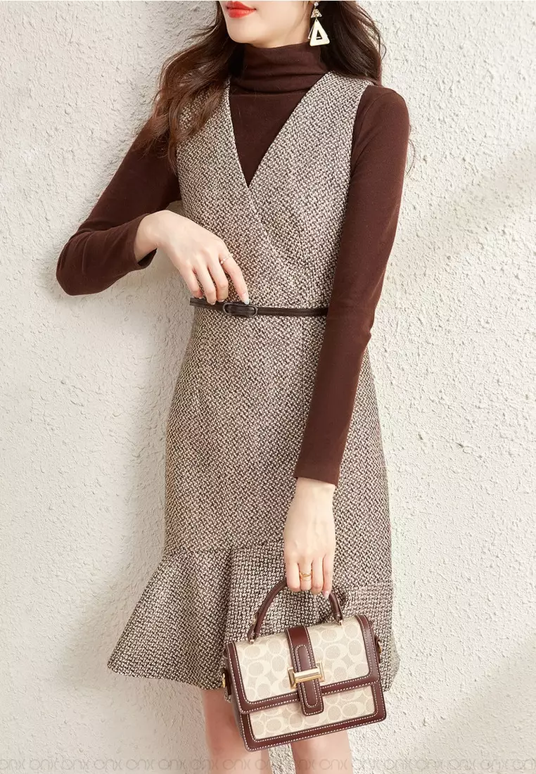 ONX.HK Temperamentvcollar Wool Vest Dress(Matching Belt)