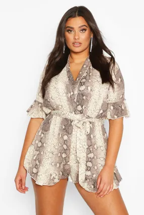 Plus Snake Print Ruffle Wrap Romper