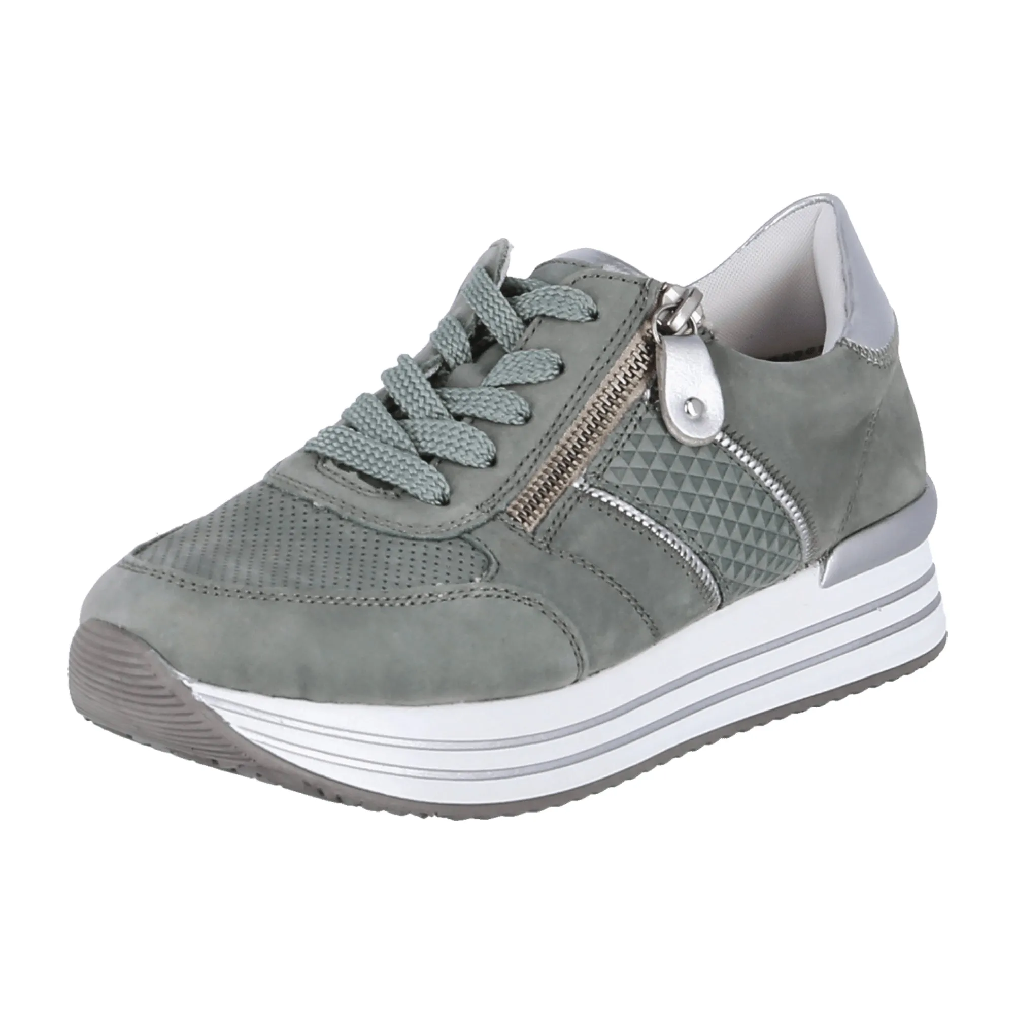 Remonte D1310 Green Leather Sneakers for Women with Zipper and Laces