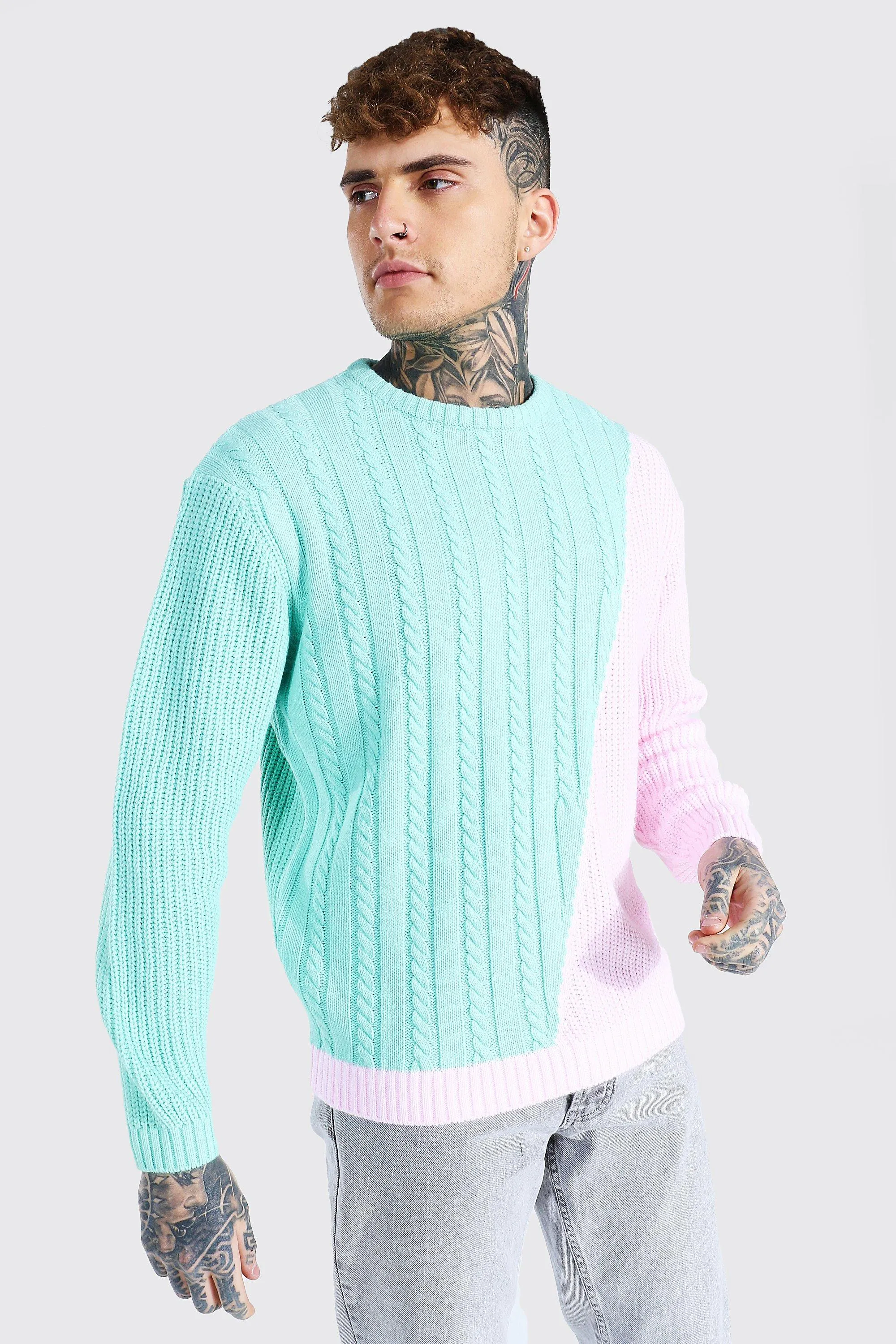 Spliced Mixed Knit Jumper | boohooMAN UK