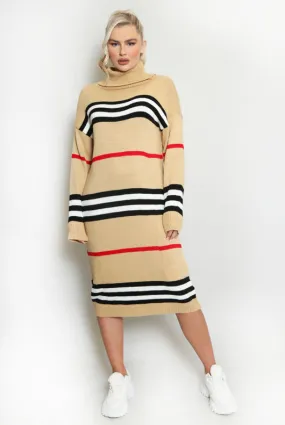 Taupe Stripe Roll Neck Jumper Dress