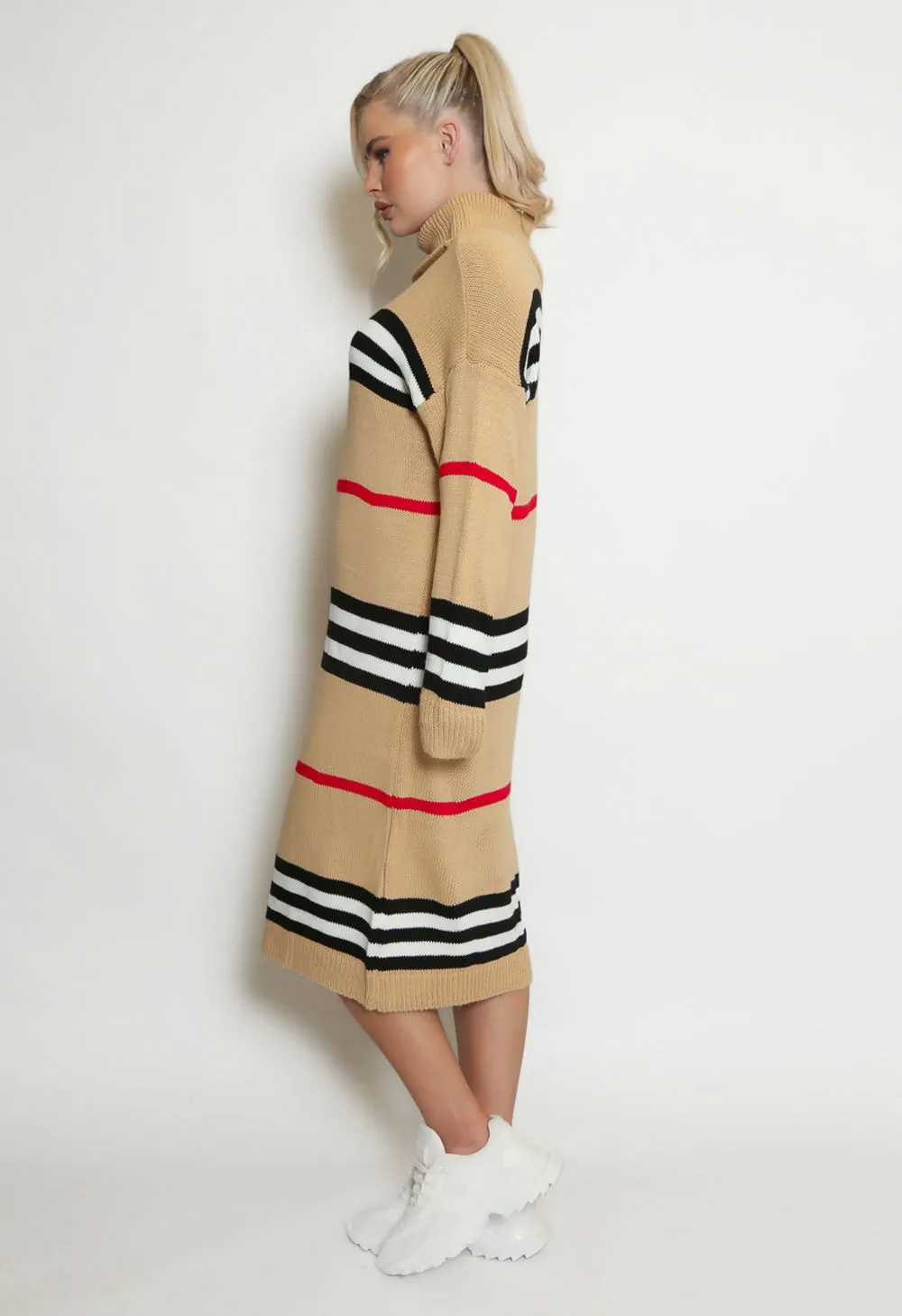 Taupe Stripe Roll Neck Jumper Dress