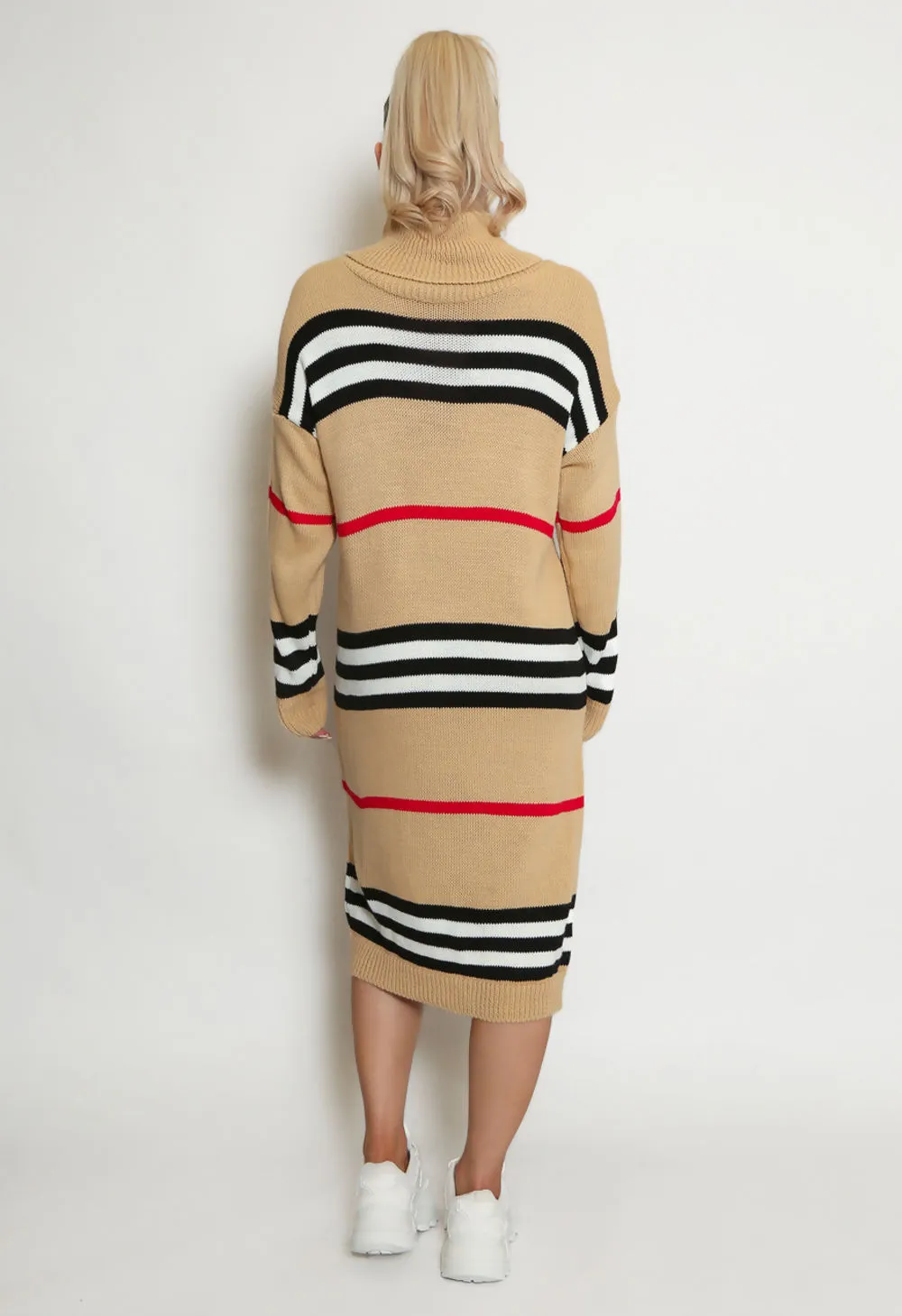 Taupe Stripe Roll Neck Jumper Dress